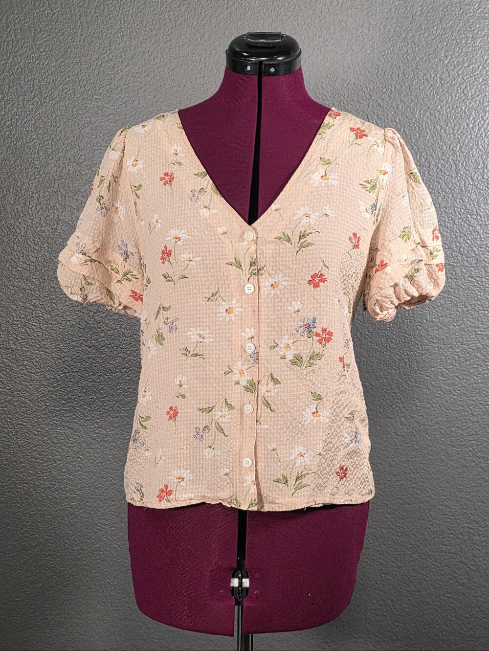 Madewell 100% Silk Peach Floral Puff Sleeve Button Front Blouse Size M